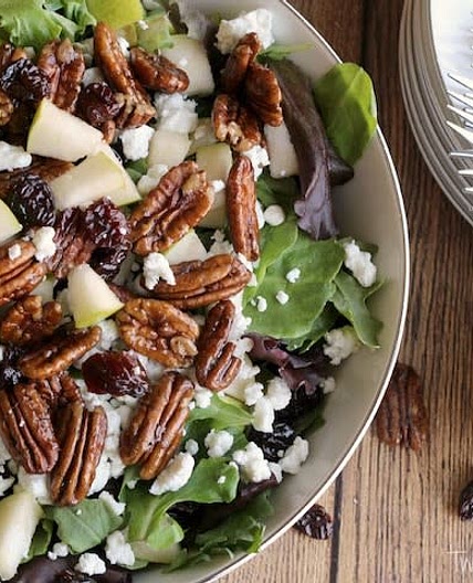 Salad with Goat Cheese, Pears, Candied Pecans and Maple-Balsamic Dressing