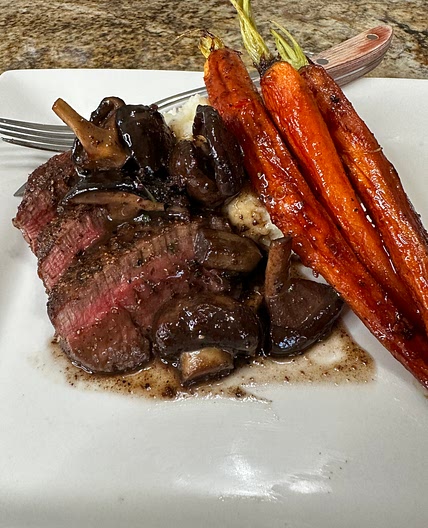 Filet Mignon with Shiitake Chianti Demi-Glace, Honey Roasted Carrots, & Parmesan Mashed Potatoes