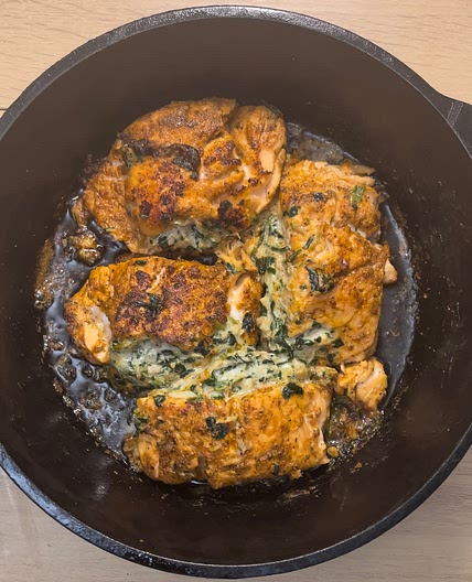 Crab Stuffed Salmon With A Spicy Butter Garlic Sauce 