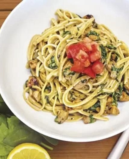 Spinach Cream Sauce with Turkey Italian Sausage Over Linguine