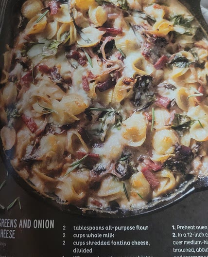 Creamed greens and onion mac and cheese