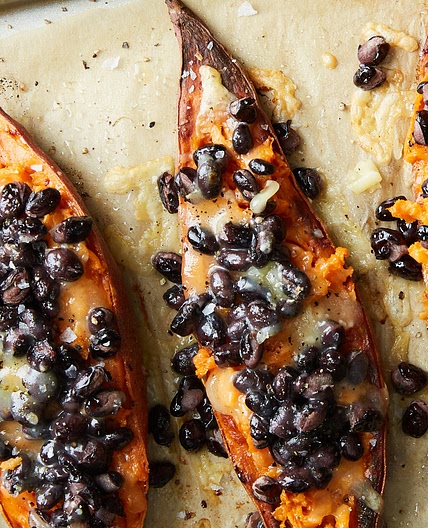 Loaded Sweet Potatoes With Black Beans and Cheddar