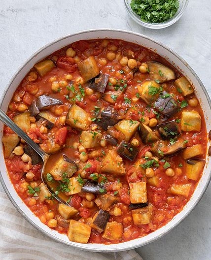 Dinner tonight should be this Middle Eastern Eggplant Stew filled with chickpeas and a harissa tomato base. It's quick, easy, and ready in just 30 minutes! INGREDIENTS 4 tablespoons olive oil divided 4 cups eggplant cut into 1-inch cubes ¾ teaspoon salt di
