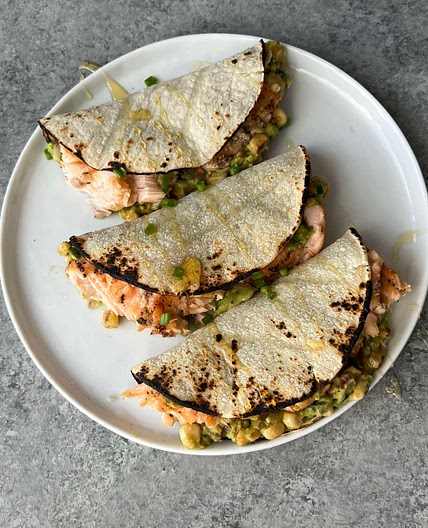 Hot Honey Salmon Tacos with Charred Corn Guacamole 