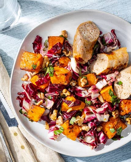 Air-Fryer Roasted Chicken Sausages with Butternut Squash and Radicchio