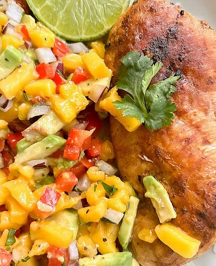 Cilantro lime chicken with coconut rice & and; mango salsa
