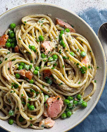 Smoked Mackerel Pasta with Peas and Lemon