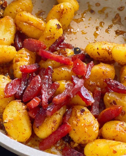 Chili Oil Gnocchi with Chinese Sausage