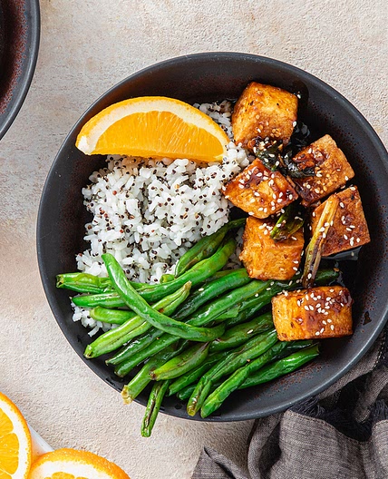 Sesame Orange Tofu with Roasted Green Beans & Sticky Rice