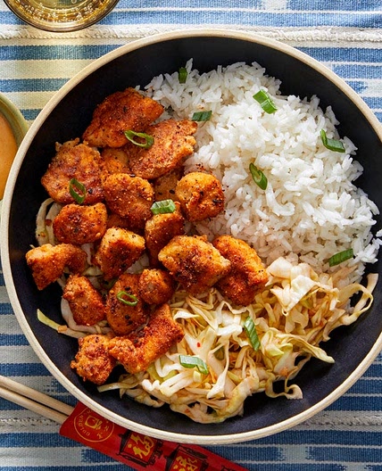 Togarashi Popcorn Chicken with Sweet Chili Cabbage Slaw