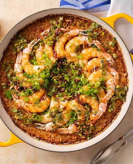 Ginger Scallion Shrimp with Crispy Coconut Rice