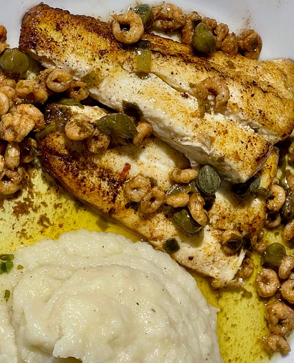 Pan fried Halibut with a Shrimp, Caper, Lemon and Butter Sauce