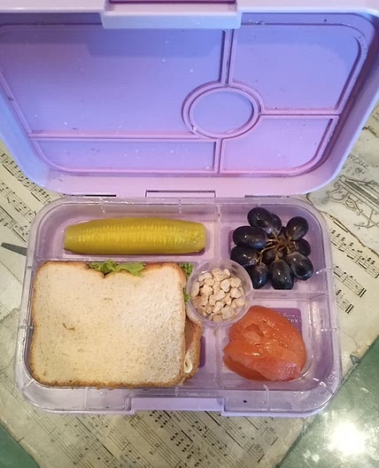 Sandwich, pickle, grapes, and ginger