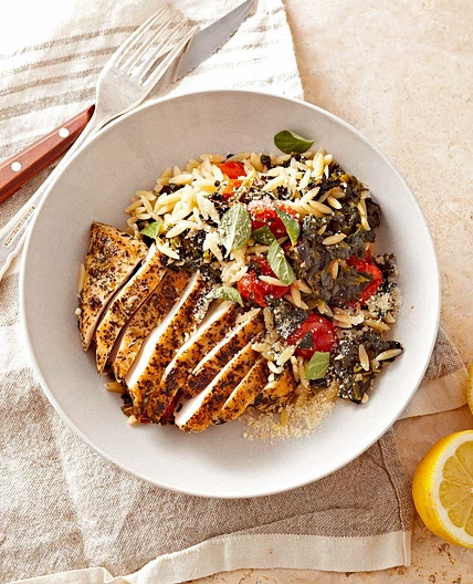 Greek Oregano Chicken with Spinach, Orzo, and Grape Tomatoes