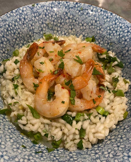 Garlic and Chilli Prawns with Green Vege Risotto