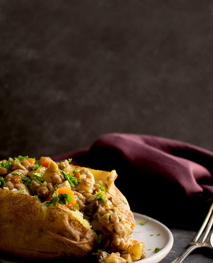 Baked Potatoes Topped with Shepherd's Pie Filling — Gracious Veg