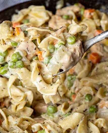 This chicken pot pie noodle dish is so good, we eat it every week in my family
