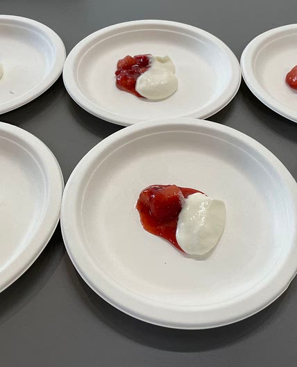 Strawberries koji oil roasted with creme fraiche and honey