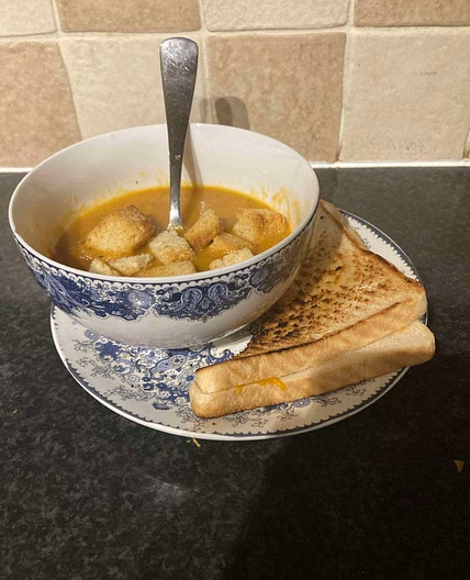 Warm roasted veg soup and Cheese toastie different