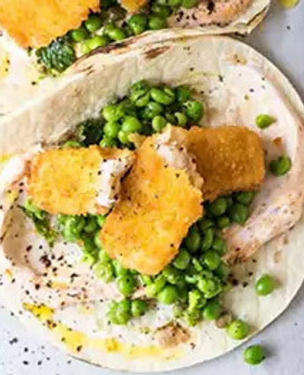 Fish finger tacos with pea & mint salsa