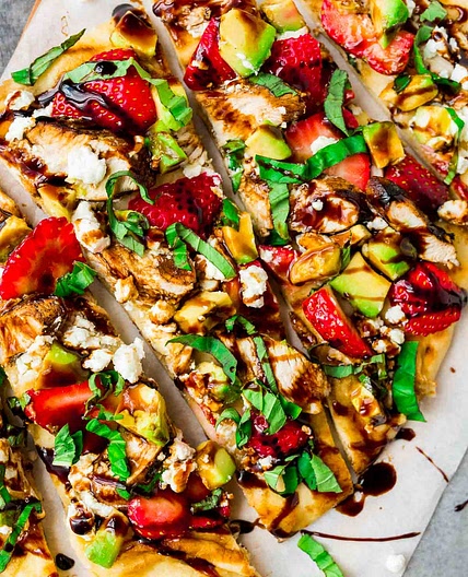 Grilled Naan Pizza w/ Strawberry, Chicken, and Avocado