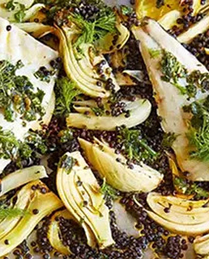 Sea bass, fennel & lentil traybake with salsa verde