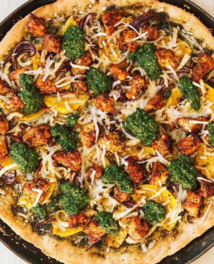 Roasted Pumpkin, Fennel, and Maple Tempeh Sausage Pizza with Pesto