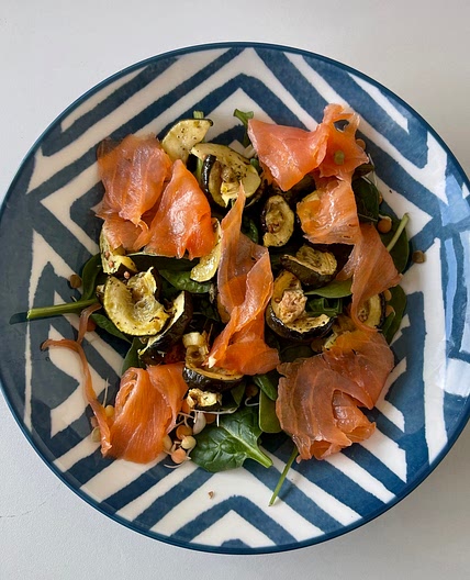 Smoked Salmon Salad with Lemony Baked Courgettes and Caper Berries
