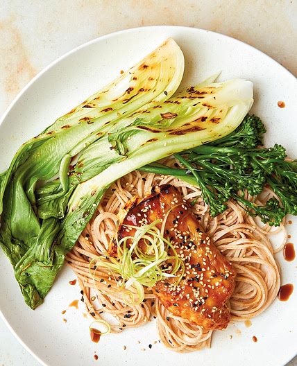 Miso and soy marinated cod with pak choi, broccoli and noodles recipe