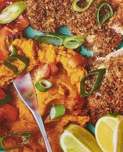 Spicy Caribbean-style Chicken with Sweet Potato Mash