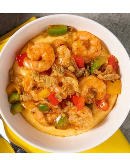 Shrimp and Grits Bowl with crispy jalapeños