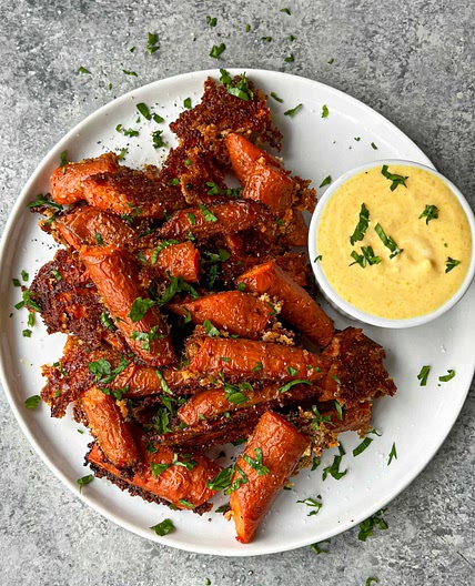 Crispy Roasted Parmesan Carrots with Creamy Spicy Honey Mustard 