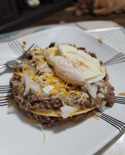 Stacked Green chili enchiladas w/ground beef