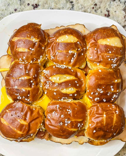 Cheesy Turkey Bacon Pretzel Sliders 