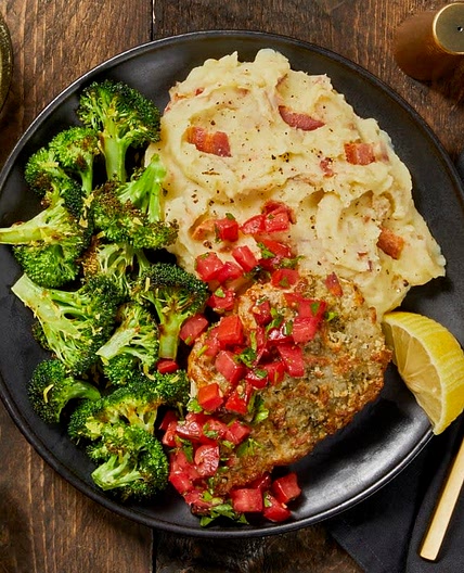 Bruschetta Chicken with a Mozzarella Crust, Bacon Mashed Potatoes, and Broccoli