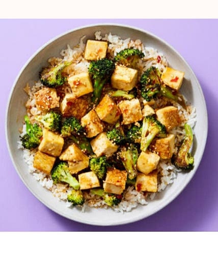Sesame Tofu with Broccoli and Steamed Rice