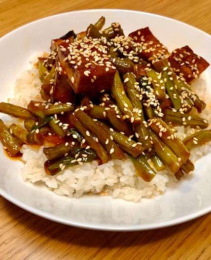 74. Green Bean and Tofu Rice Bowl with Gochujang Glaze