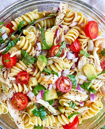 Chicken Pasta Salad with Avocado, Tomato, and Basil