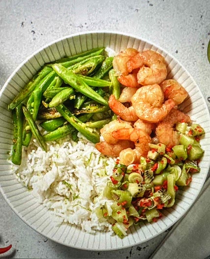 Teriyaki prawn poke style bowl