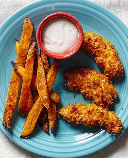 Breaded Chicken Strips and Sweet Potato Fries