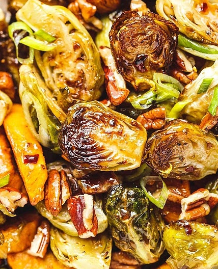 Roasted Brussels Sprouts and Sweet Potato with Balsamic Honey Glaze