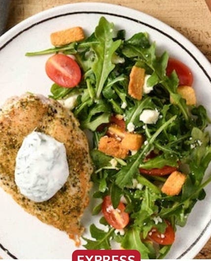 Souvlaki-style chicken breast with arugula feta salad