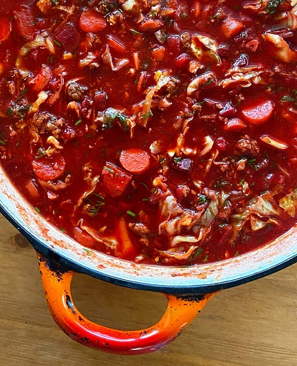 Beet and Cabbage Borscht using Ground Beef — Recipes and Blog - Sara Binder Living