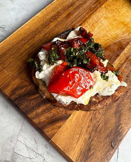 Burrata + Roasted Red Pepper Toast with Basil Chili Garlic Drizzle