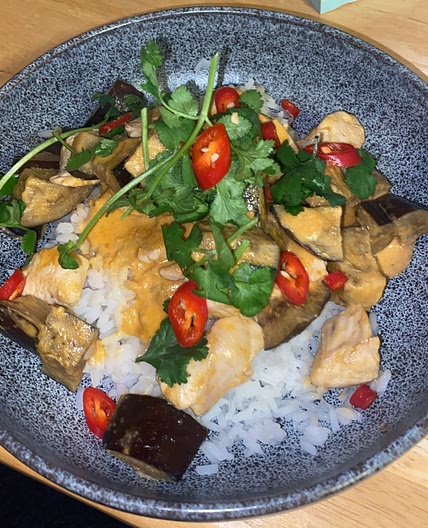Thai red chicken and aubergine curry