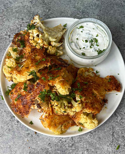 Crispy Parmesan Cauliflower with Light & Creamy Onion Dip
