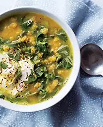 Spiced red lentil, turmeric and spring greens soup