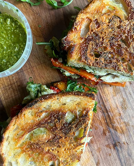 Pesto Chicken Melt on Crispy Parm-Grilled Sourdough