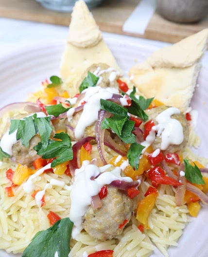 Greek Chicken Meatballs With Roasted Veggies, Lemon Orzo & Feta