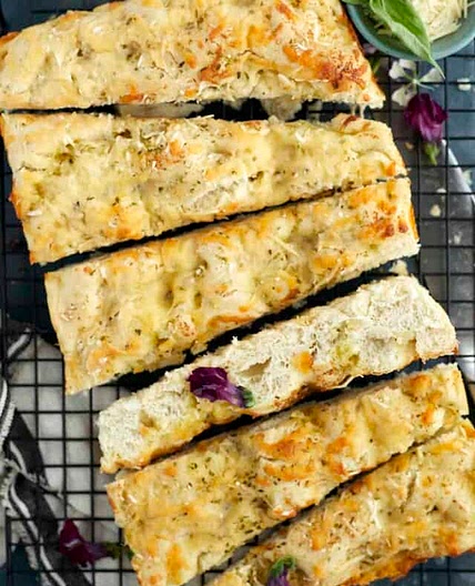 No Knead Cheesy Focaccia Bread
